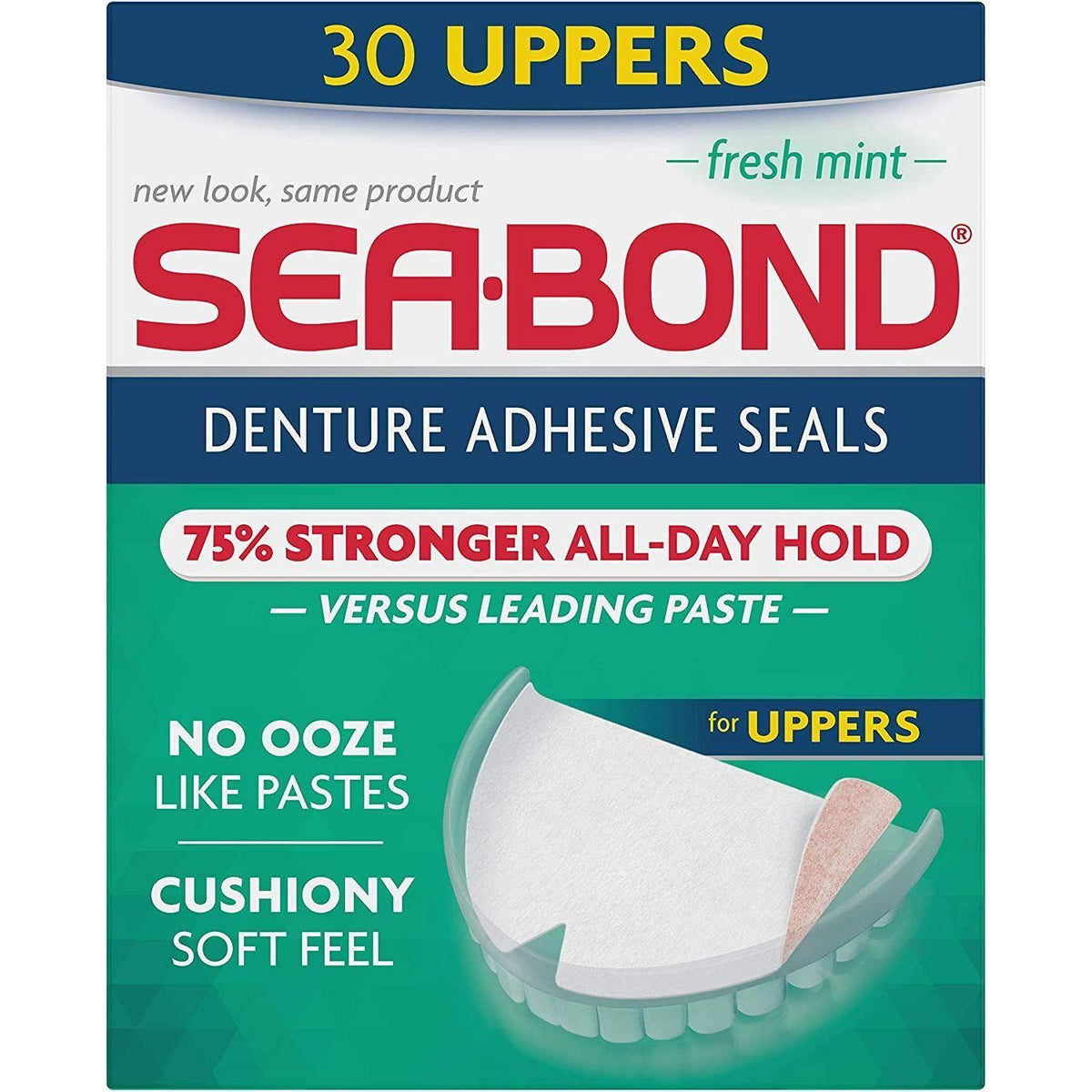 Coussinets adhésifs pour prothèses dentaires supérieures Seabond, parfum menthe fraîche, 30 unités