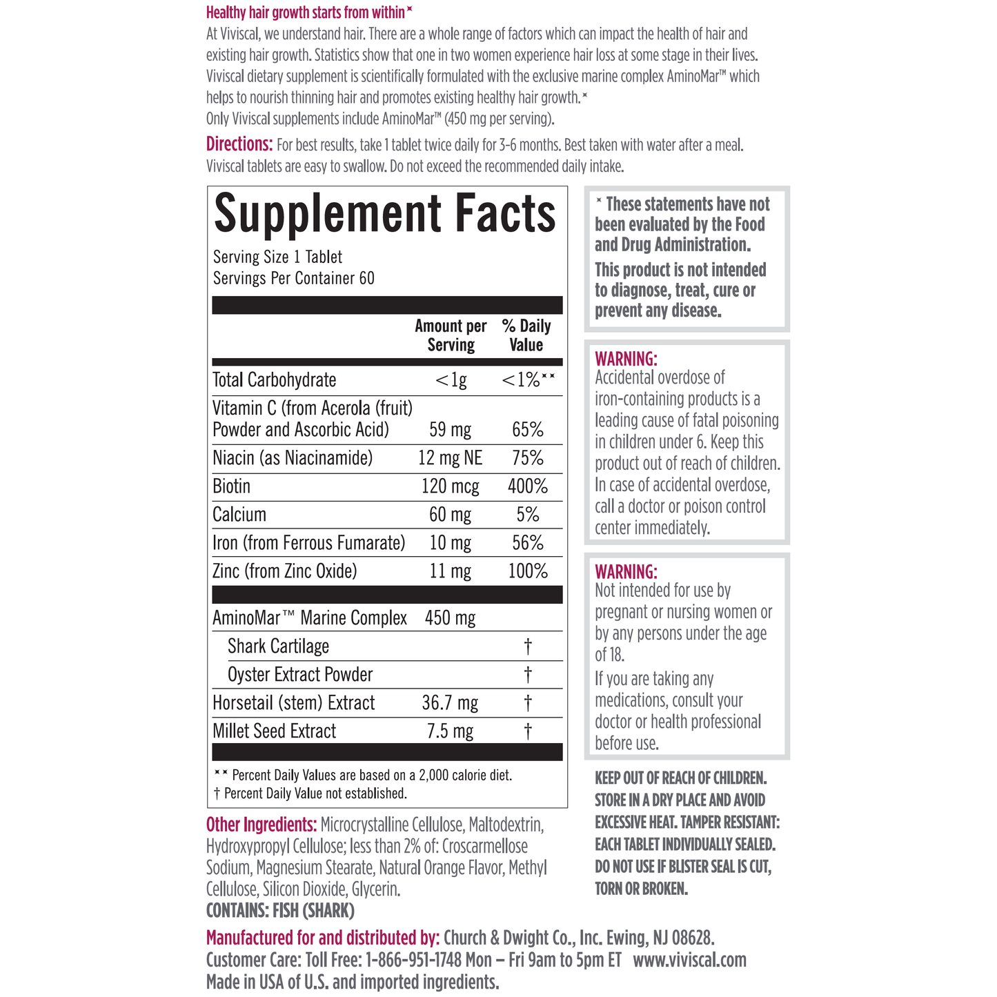 Viviscal Hair Growth Dietary Supplement, 60 Tablets Hair Health Supplement Pasteur Pharmacy
