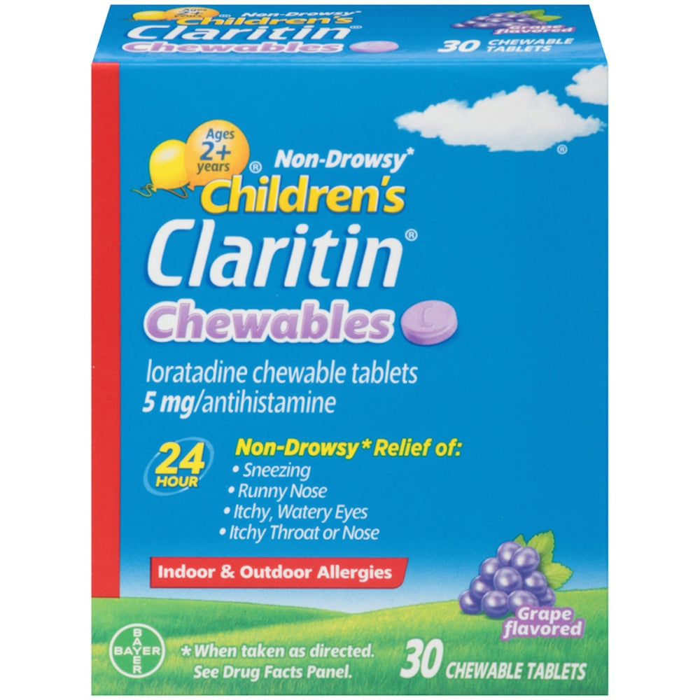 Children's Claritin 24-Hour Non-Drowsy Allergy Relief, 5mg Loratadine, Grape Flavor, 30 Chewable Tablets Medicine & Drugs Pasteur Pharmacy
