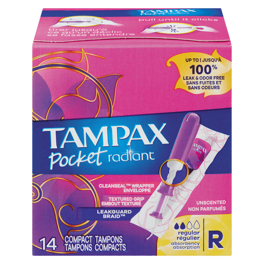 Tampax Pocket Radiant Compact Tampons Regular Absorbency With BPA-Free Plastic Applicator And LeakGuard Braid, Unscented Tampons Pasteur Pharmacy