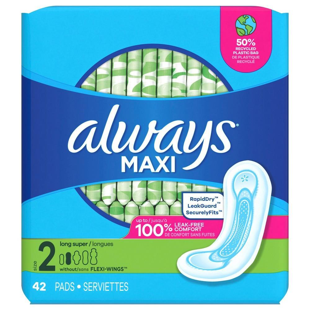 Always Maxi Pads with Wings, Size 2 Long, Unscented, 42 Count Feminine Pads & Protectors Pasteur Pharmacy