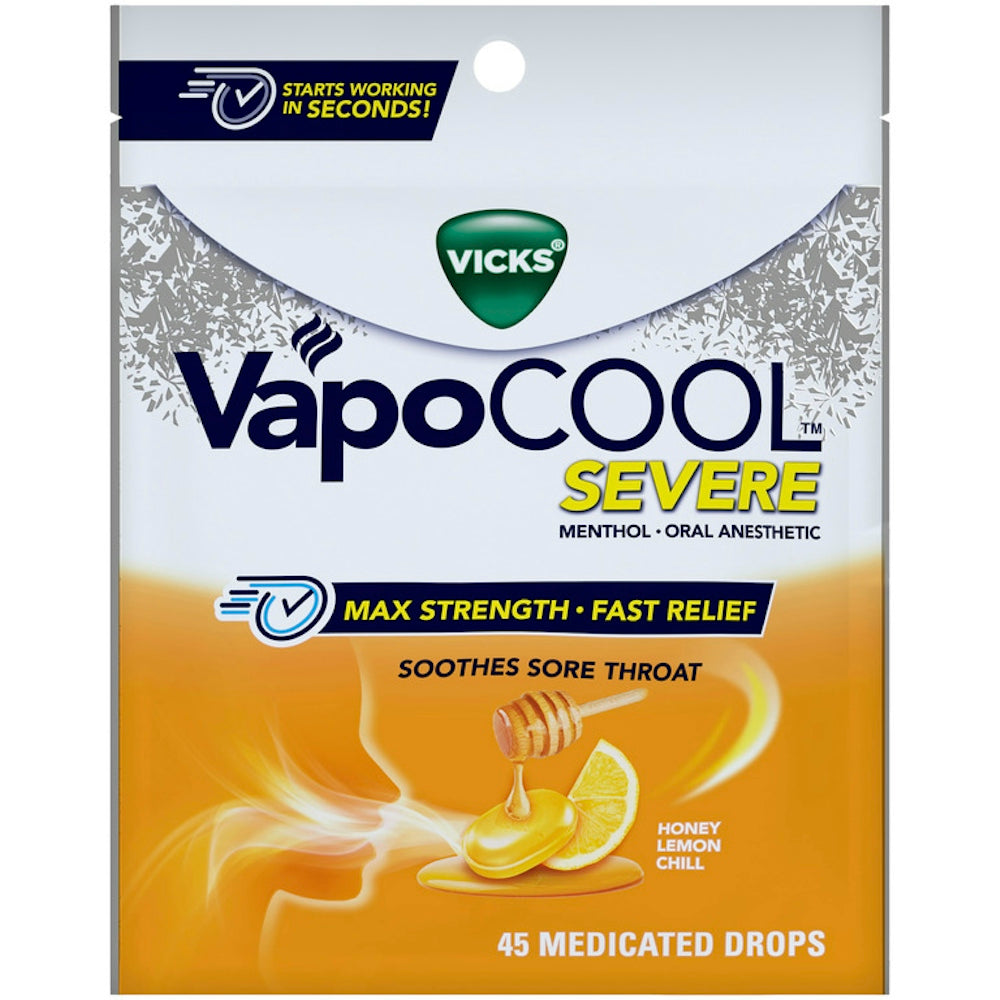 Vicks Vapo Cool Severe Medicated Lozenges, Honey Lemon Chill, 45 Drops – Soothe Sore Throat Pain Caused By Cough Respiratory Care Pasteur Pharmacy