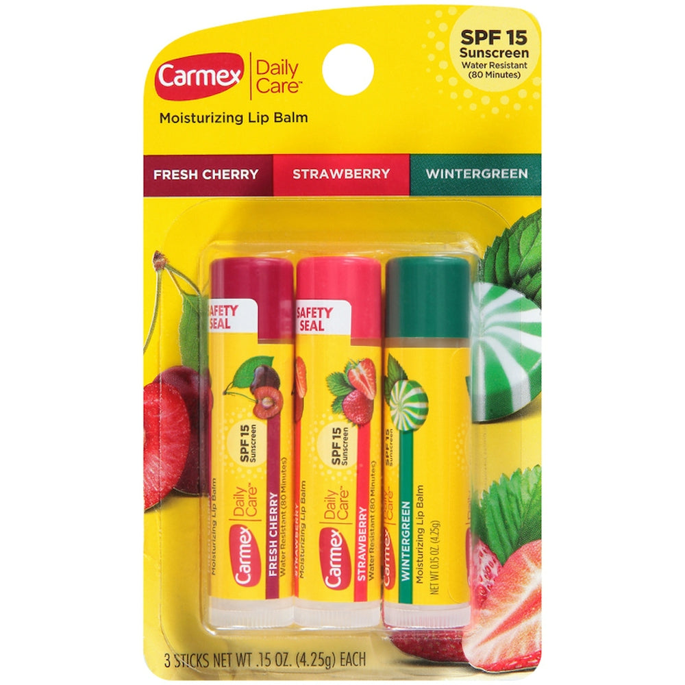 Carmex Daily Care Lip Balm Stick, Assorted Flavors, 3 Count – SPF 15 Moisturizing Lip Protection Lip Balms & Treatments Pasteur Pharmacy