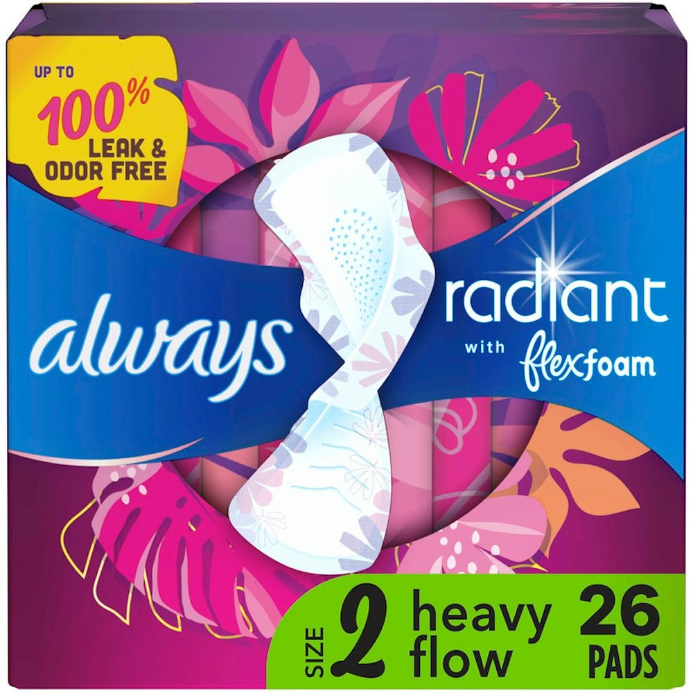 Always Radiant Pads, Size 2, Heavy Flow Absorbency, Light Clean Scent, 26 Count Personal Care Pasteur Pharmacy