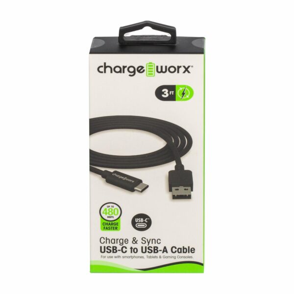 Charge Worxs Chargeworx CX4626BK 3ft USB-C To USB-A Sync & Cable, Black Cables Pasteur Pharmacy