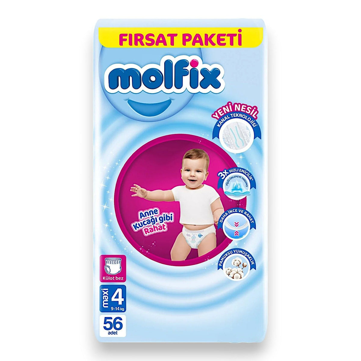 Couches pour bébé Molfix taille 4, protection flexible contre les fuites, 56 unités
