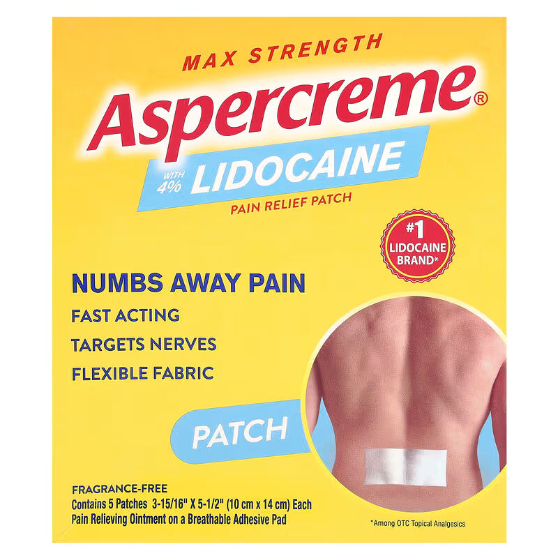 Aspercreme Max Strength Lidocaine Pain Relief Patch, 4%, 5 Count Heating Pads Pasteur Pharmacy