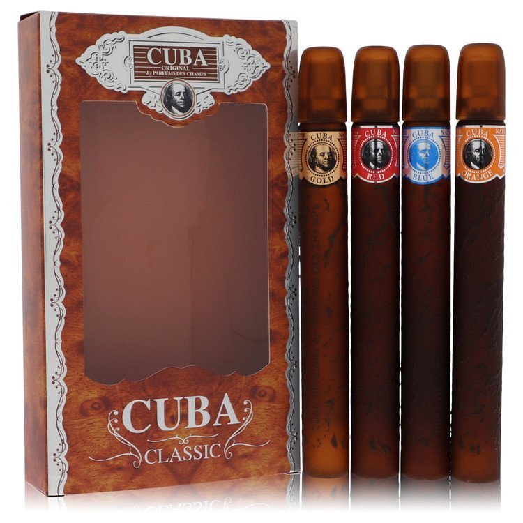 Cuba Gold by Fragluxe Gift Set -- Cuba Variety Set includes All Four 1.15 oz Sprays Cuba Red Cuba Blue Cuba Gold and Cuba Orange (Men) Fragluxe Fragluxe