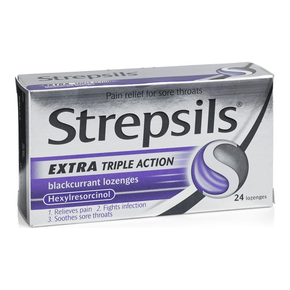 Strepsils Extra Triple Action Blackcurrant 24 Lozenges Over-the-Counter Medication Pasteur Pharmacy