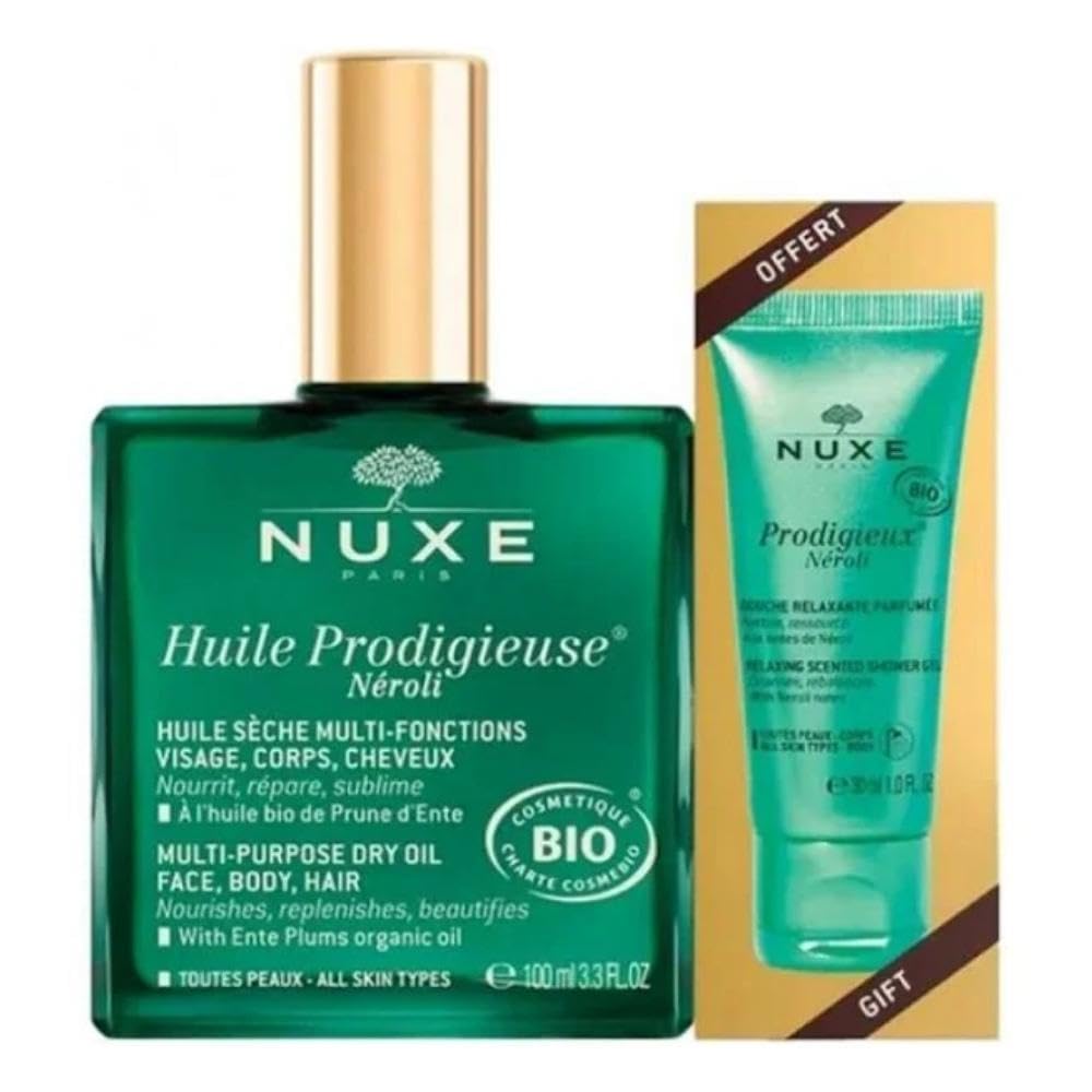 Nuxe Huile Prodigieuse Neroli Gift Set - Multi-Purpose Dry Oil & Shower Gel for Face, Body & Hair - Nourishing Skincare with Orange Blossom Fragrance