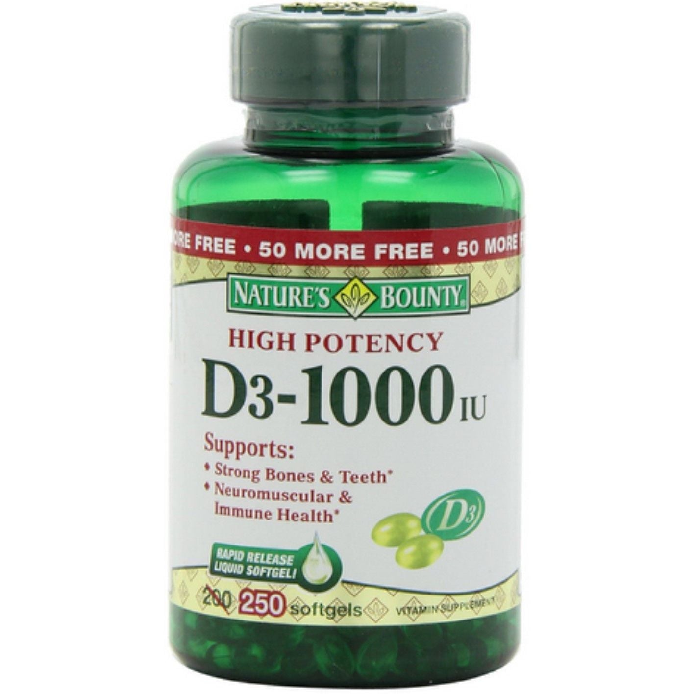 Nature's Bounty Vitamin D3, 25 Mcg (1000 IU), 250 Rapid Release Softgels Vitamins & Supplements Pasteur Pharmacy