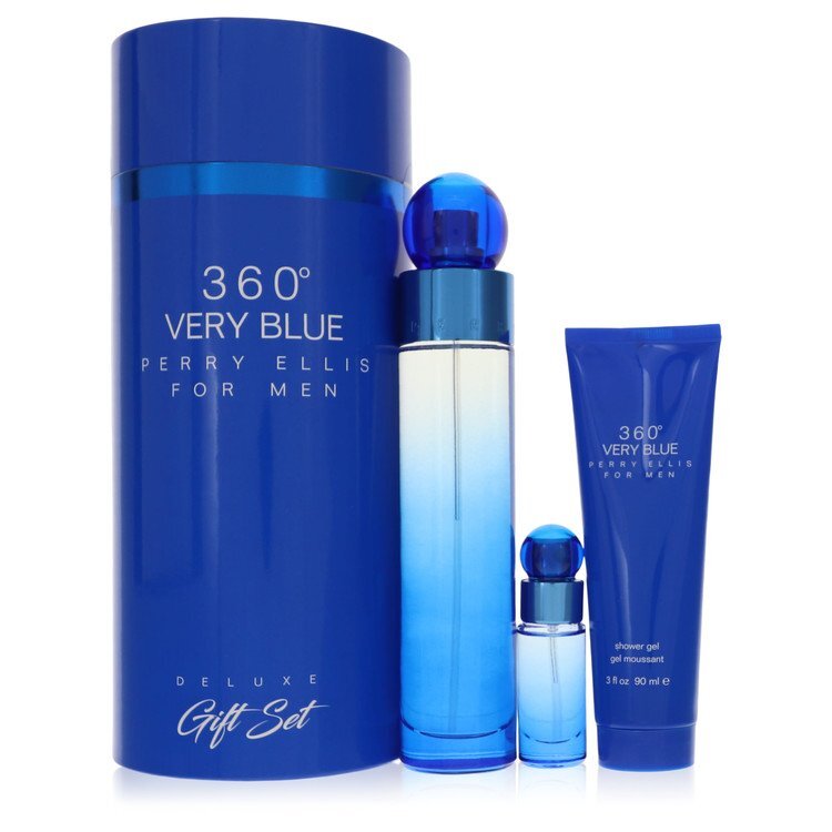 Perry Ellis 360 Very Blue by Perry Ellis Gift Set -- 3.4 oz Eau De Toilette Spray + .25 oz Mini EDT Spray + 3 oz Shower Gel (Men) Perry Ellis Perry Ellis