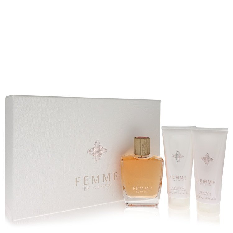 Usher Femme by Usher Gift Set -- 3.4 oz Eau De Parfum Spray + 3.4 oz Body Lotion + 3.4 oz Shower Gel (Women) Usher Usher