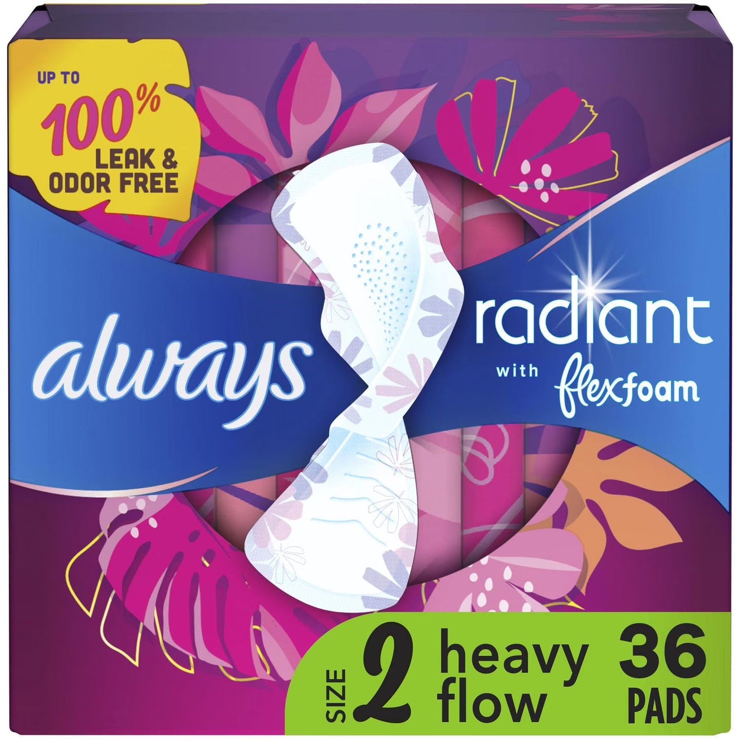 Always Radiant FlexFoam Pads, Size 2 Heavy Flow 3 Packs of 36 Feminine Pads & Protectors Pasteur Pharmacy