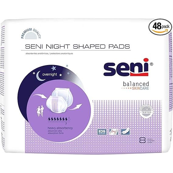 Seni Night Shaped Pads, Heavy/Overnight Absorbency, Case of 48 (6 Packs of 8) Incontinence Aids Pasteur Pharmacy