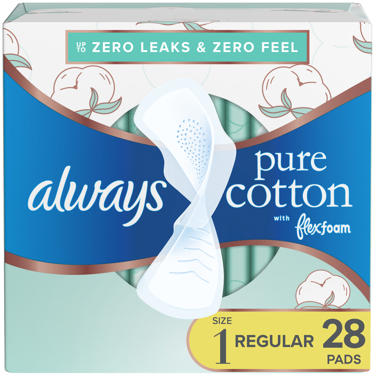 Always Pure Cotton FlexFoam Size 1 Regular Absorbency 3 Packs of 28 Feminine Pads & Protectors Pasteur Pharmacy