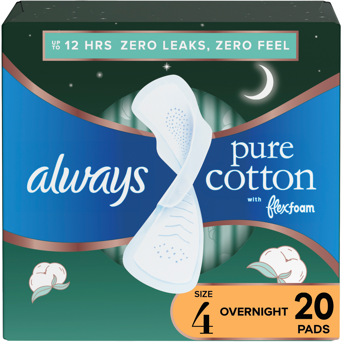 Always Pure Cotton FlexFoam Size 4 Overnight Absorbency 3 Packs of 20 Feminine Pads & Protectors Pasteur Pharmacy