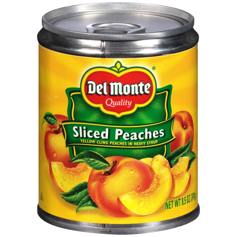 Duraznos amarillos en almíbar Del Monte, cortados en rebanadas, lata de 8.5 oz.