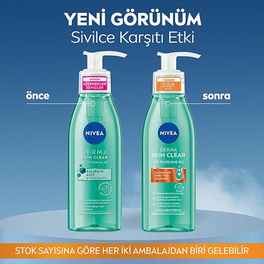 Gel Nettoyant Visage Anti-Acné Nivea Derma Skin Clear : Nettoyage profond à l'acide salicylique et à la niacinamide pour le contrôle des imperfections et des pores, peaux grasses et à tendance acnéique