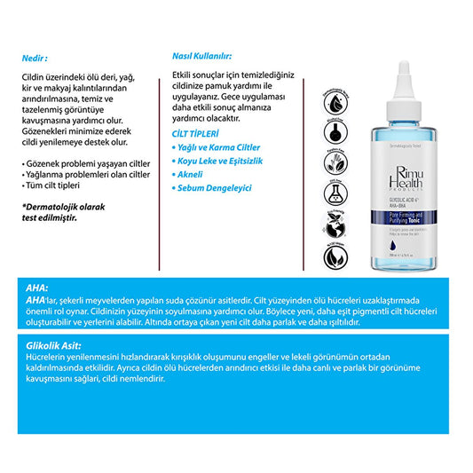 Rimu Health : Lotion tonique raffermissante pour les pores aux AHA et BHA à l'acide glycolique - Tonique exfoliant pour le visage pour peaux grasses et à tendance acnéique - Réduit les pores dilatés et renouvelle la peau