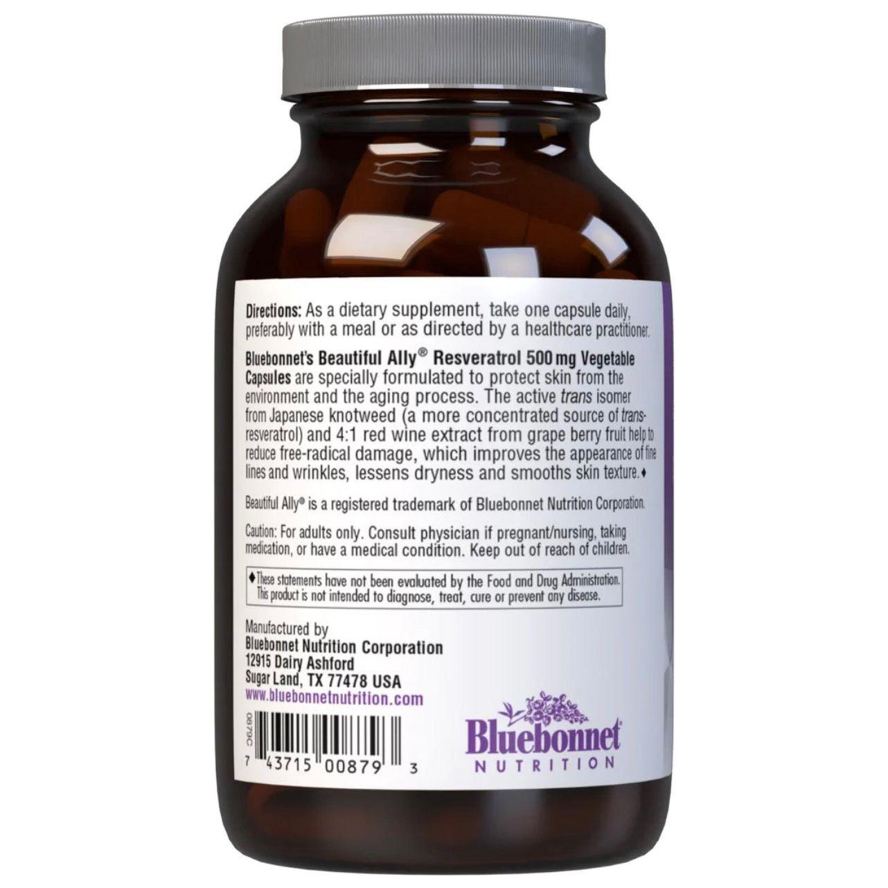 Bluebonnets Beautiful Ally Resveratrol 500 mg, 60 Vegetable Capsules Dietary Supplements Pasteur Pharmacy