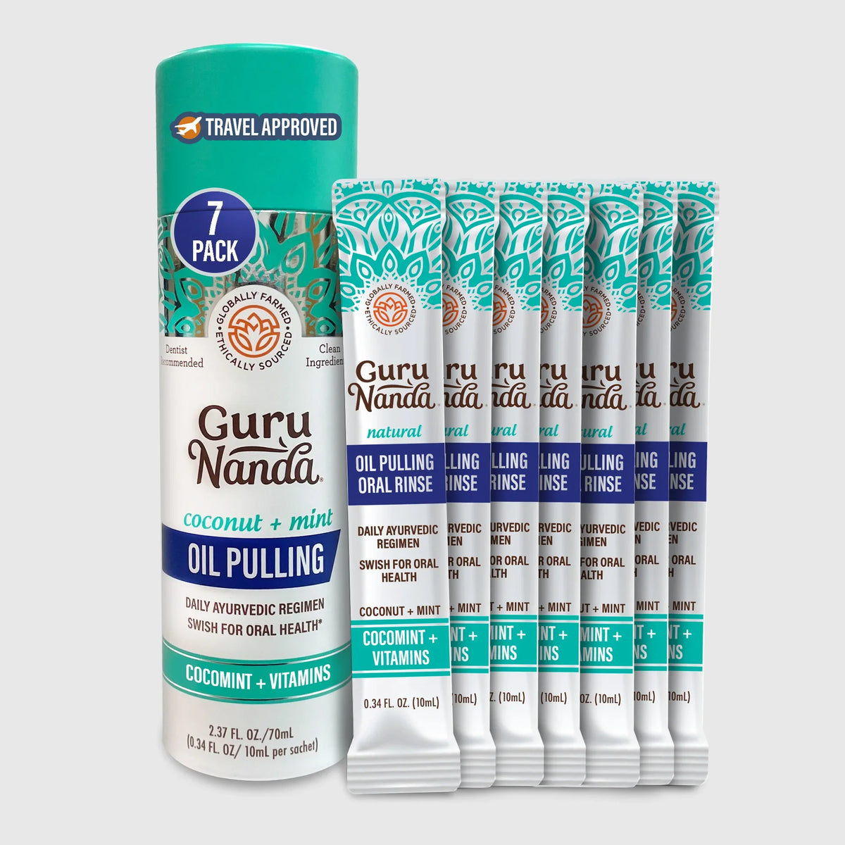 GuruNanda Oil Pulling Sachets, Coconut + Mint, 7 Pack