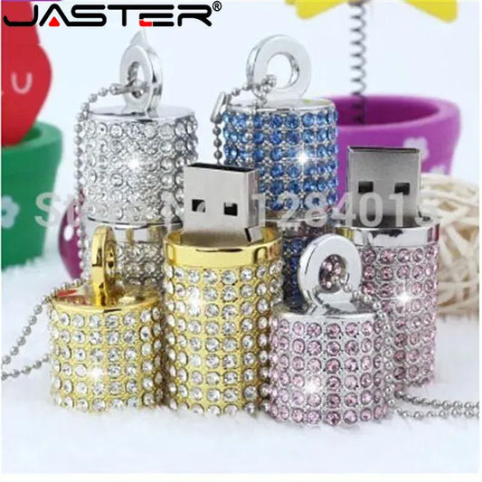 Color: Pink, Capacity: 64GB - JASTER Crystal cylindrical USB Flash Drive fashion metal diamond pen driveu disk pendrive 4GB 8GB 16GB 32GB 64GB memory stick