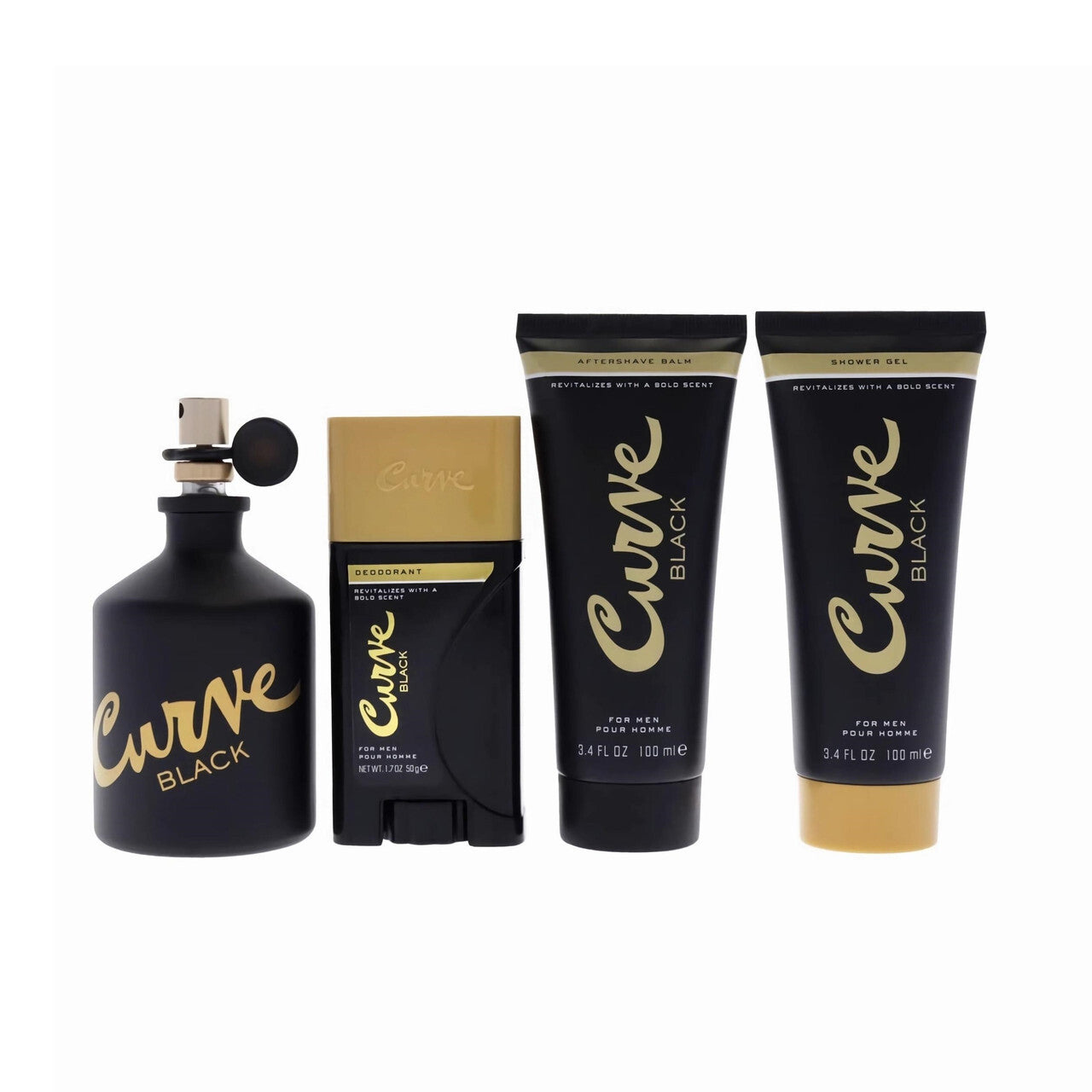 CURVE BLACK 4 PCS SET FOR MEN: 4.2 EAU DE COLOGNE SPRAY + 3.4 AFTER SHAVE BALM + 3.4 SHOWER GEL + 1.7 DEODORANT STICK Men Fragrant Nest