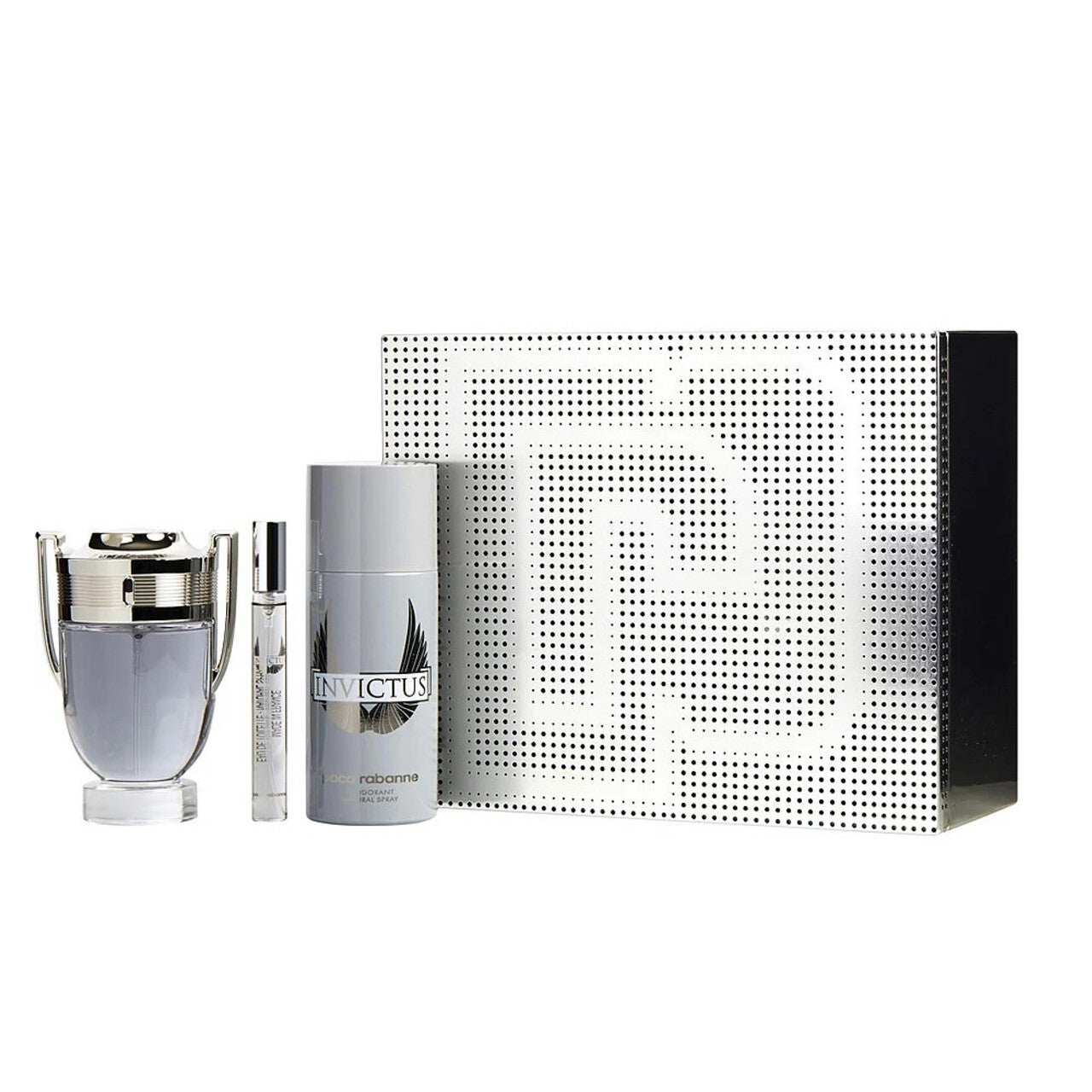 PACO RABANNE INVICTUS 3 PCS SET FOR MEN: 3.4 EAU DE TOILETTE SPRAY + 5.1 OZ DEODORANT SPRAY + 0.34 OZ EAU DE TOILETTE TRAVEL SPRAY (METAL BOX) Men Fragrant Nest