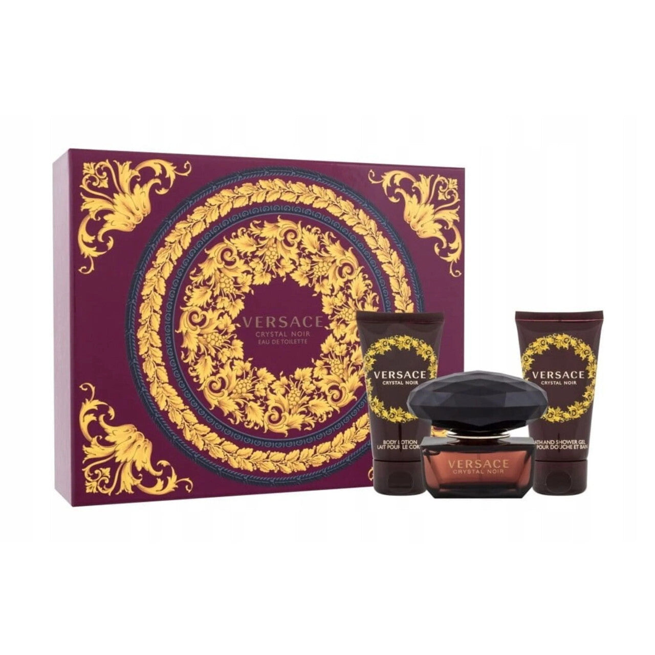 VERSACE CRYSTAL NOIR 4 PCS SET FOR WOMEN: 3 OZ EAU DE TOILETTE + 3.4 BODY LOTION + 3.4 SHOWER GEL + BEAUTY BAG Women Fragrant Nest