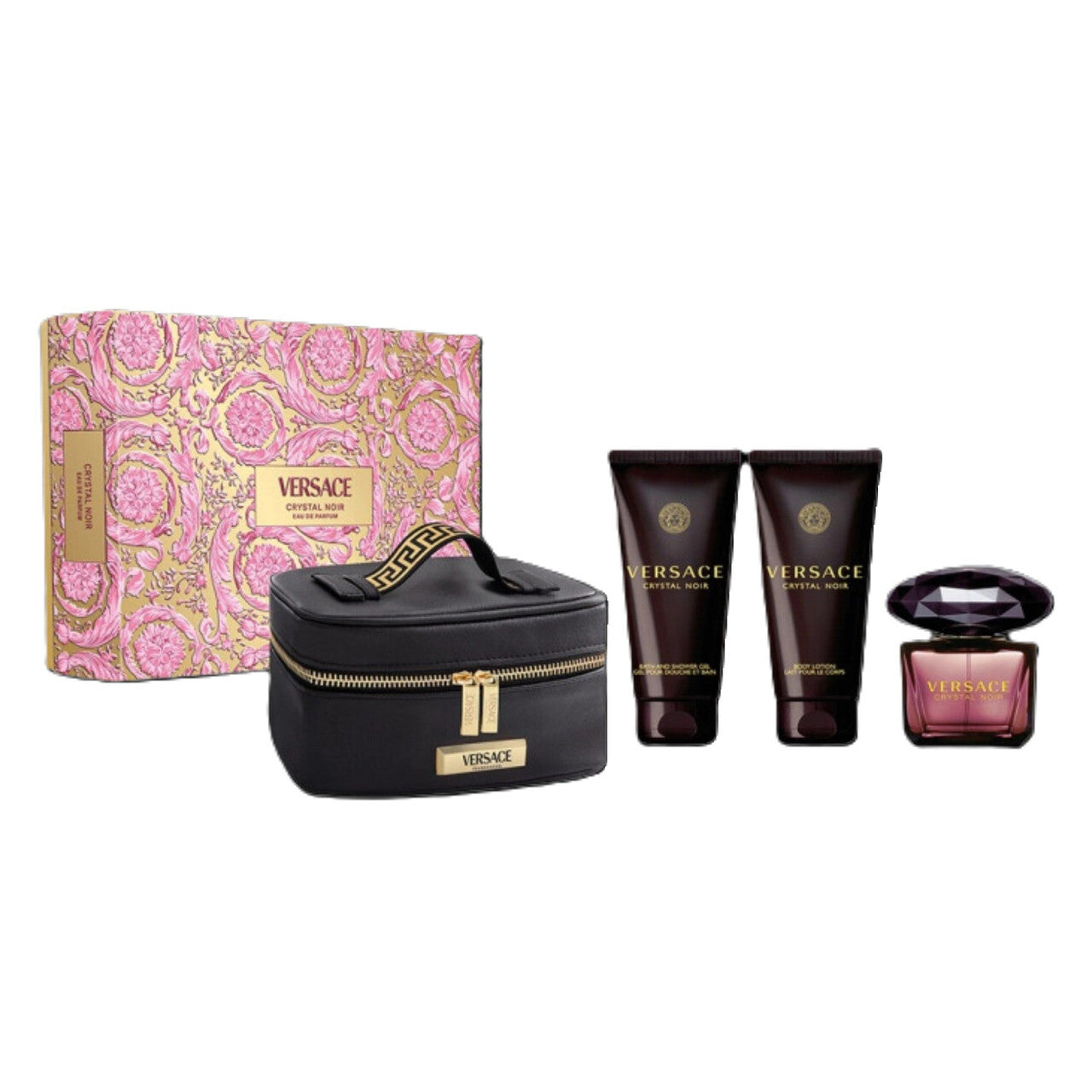 VERSACE CRYSTAL NOIR 4 PCS SET FOR WOMEN: 3 OZ EAU DE PARFUM SPRAY + 3.4 BODY LOTION + 3.4 BATH AND SHOWER GEL + TRAVEL POUCH Women Fragrant Nest