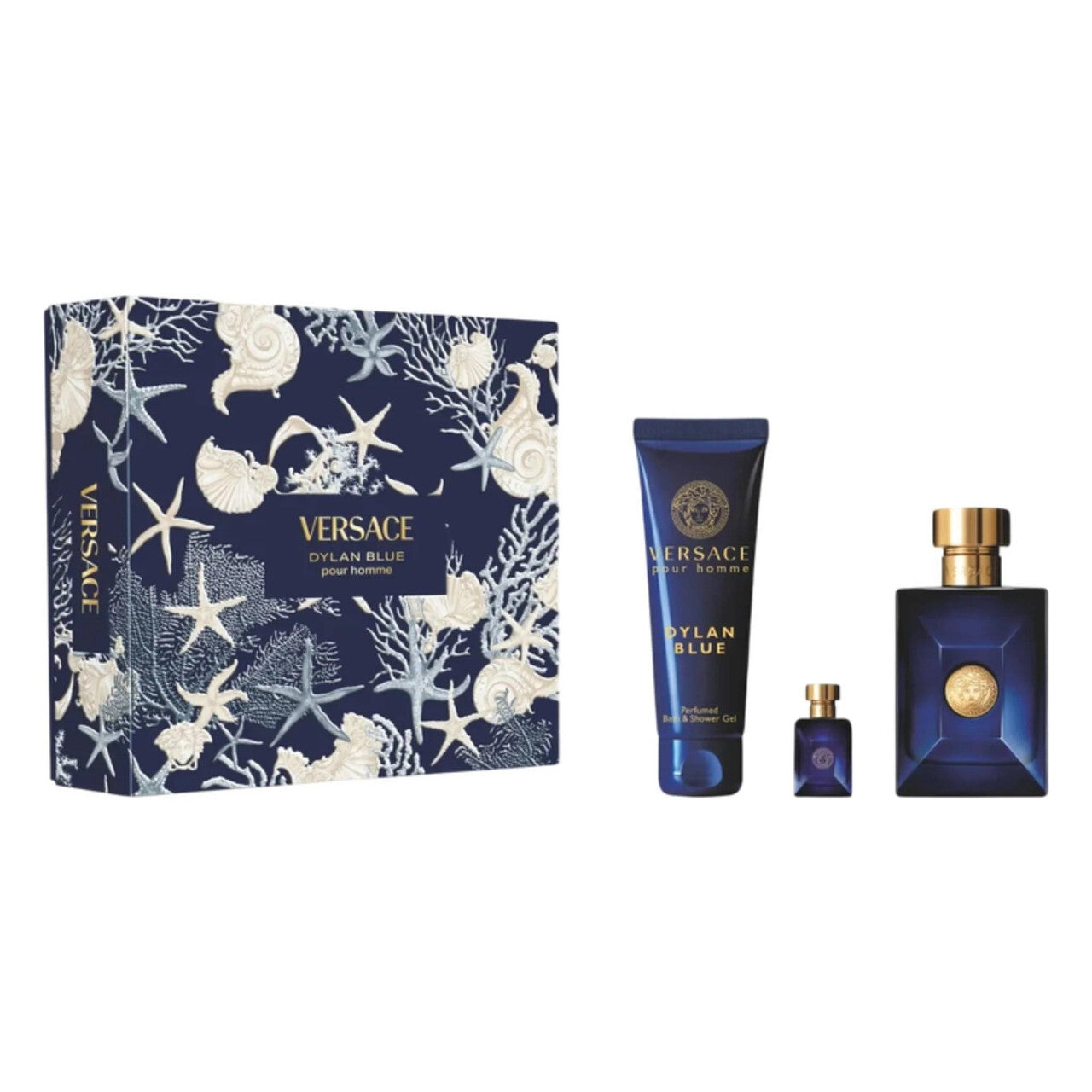 VERSACE DYLAN BLUE 3 PCS SET FOR MEN: 3.4 EAU DE TOILETTE SPRAY + 5 ML EAU DE TOILETTE MINI + 5 OZ BATH & SHOWER GEL MEN Fragrant Nest