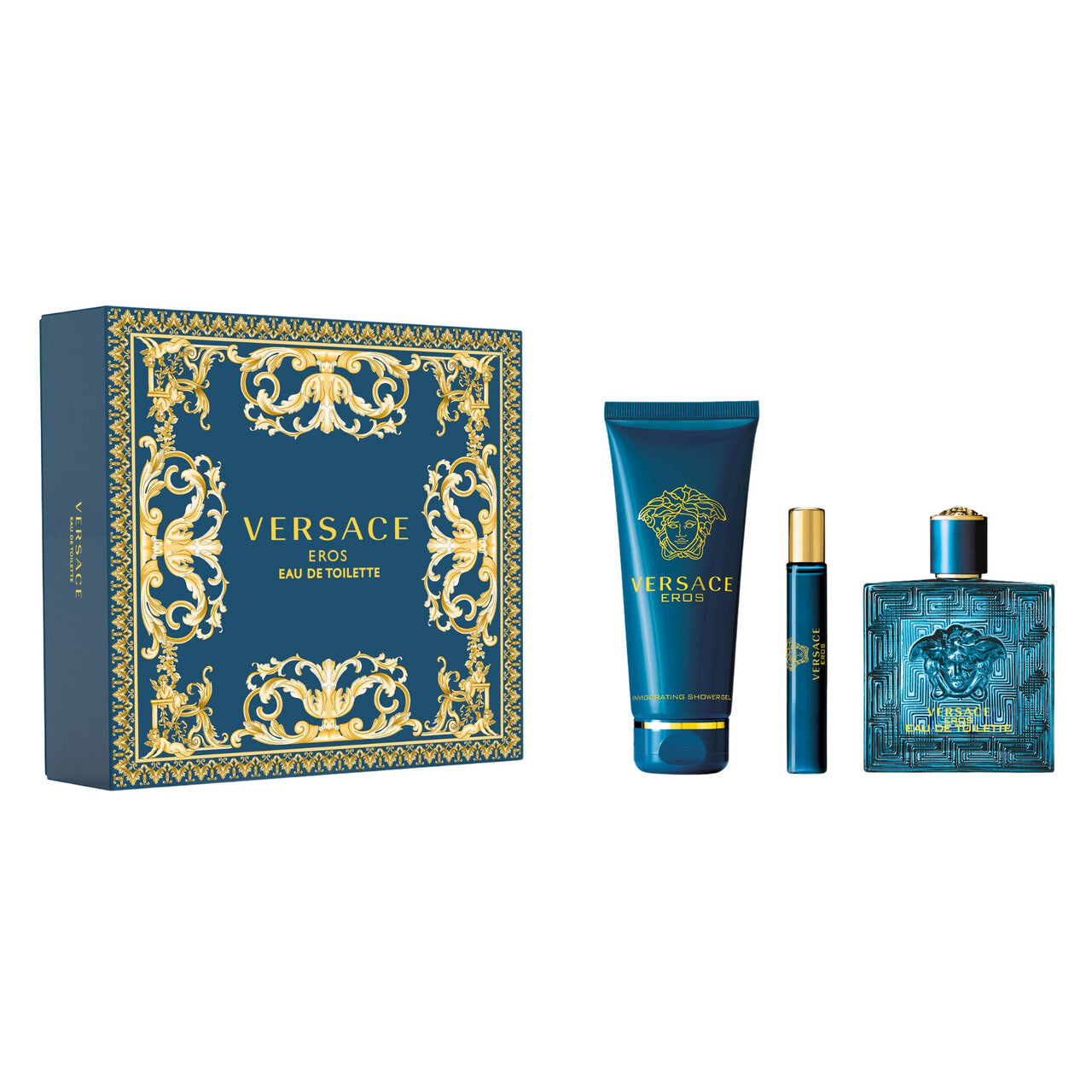 VERSACE EROS EAU DE TOILETTE 3 PCS SET FOR MEN: 3.4 EAU DE TOILETTE SPRAY + 0.34 EAU DE TOILETTE TRAVEL SPRAY + 5 OZ SHOWER GEL Men Fragrant Nest