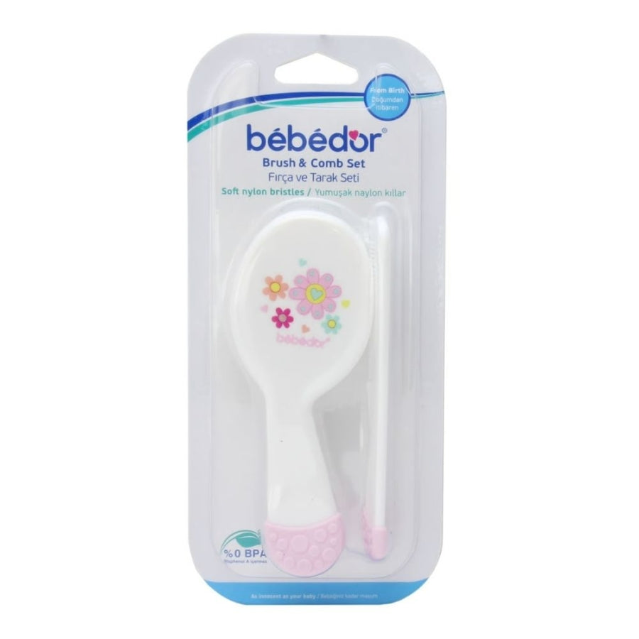Bebedor Brush and Comb Set Pink Flower for Gentle Hair Care