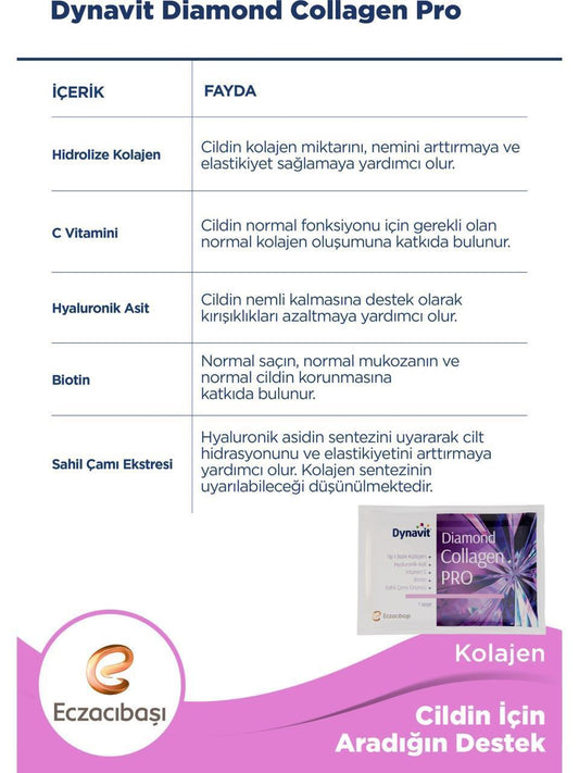 Dynavit Diamond Collagen Pro 30 Sachets - Premium Collagen Supplement with Hyaluronic Acid & Vitamin C for Skin Hydration and Anti-Aging