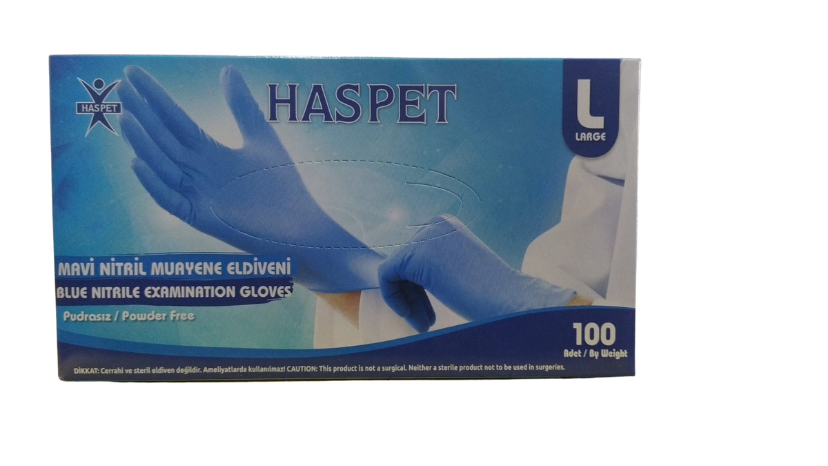 Haspet Blue Powder-Free Nitrile Examination Gloves Large 100 Count