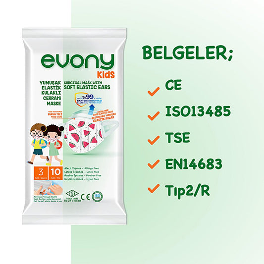 Masque facial pour enfants Evony : paquet de 10 - certifié TSE, doux, confortable et hypoallergénique pour une protection respiratoire fiable