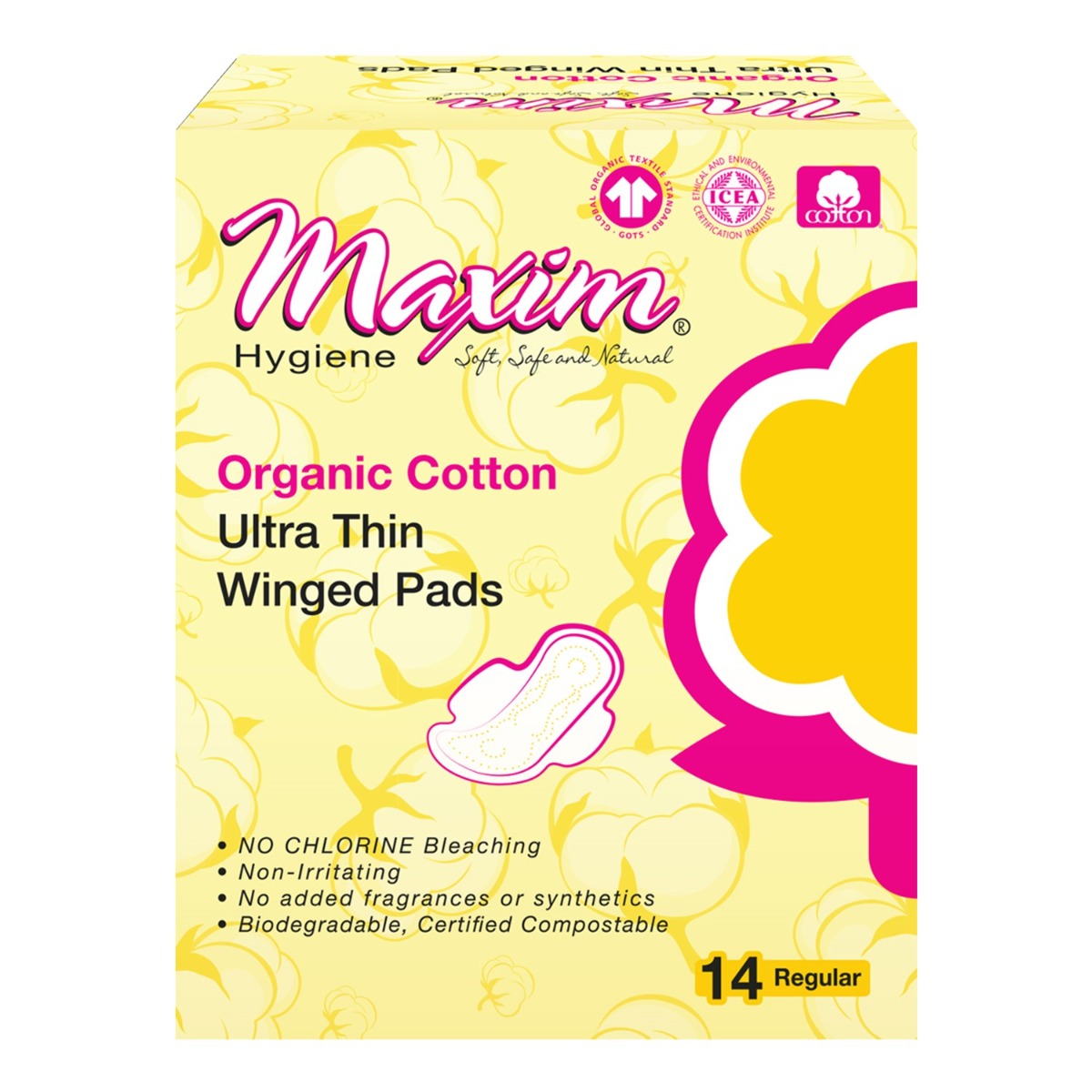 Maxim Natural Organic Cotton Ultra Thin Regular Pads 12 x 14 Count Feminine Pads & Protectors Pasteur Pharmacy