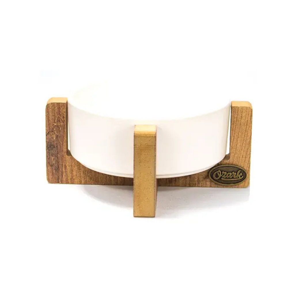 Ozark Ceramic Pet Bowl with Wooden Base for Food and Water 400 ml