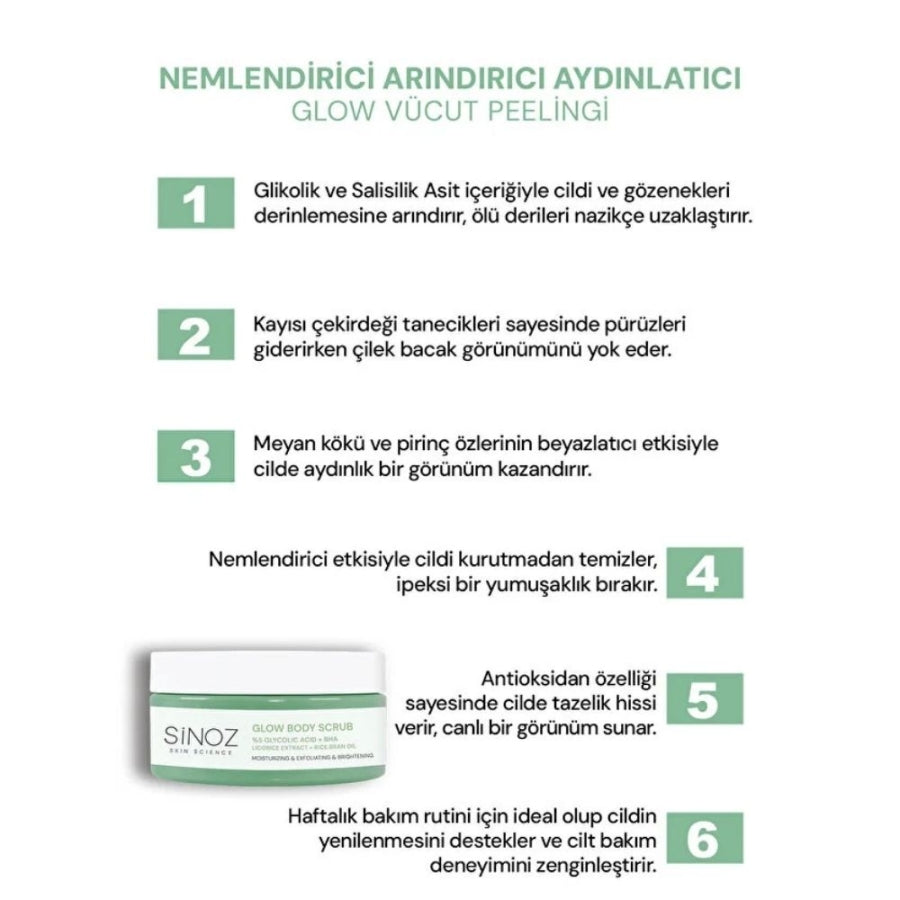 Gommage corporel éclat à l'acide glycolique 5% Sinoz Glow 200g