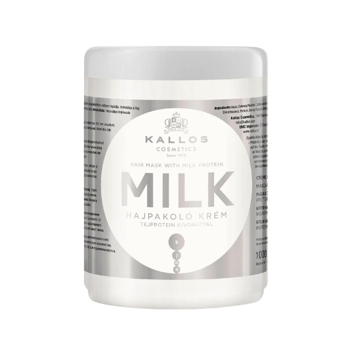 Kallos Cosmetics Milk Protein Hair Care Mask 1000ml - Nourishing & Moisturizing Protein-Based Formula for Dry & Damaged Hair
