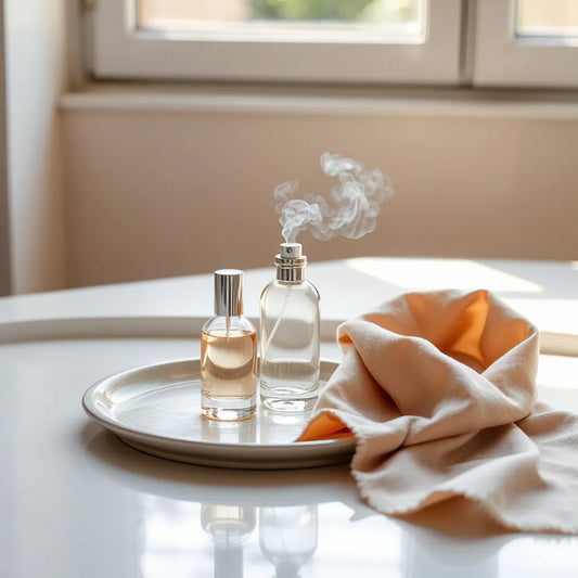 Elegant fragrance bottles on a minimalist vanity with soft light and a silk scarf