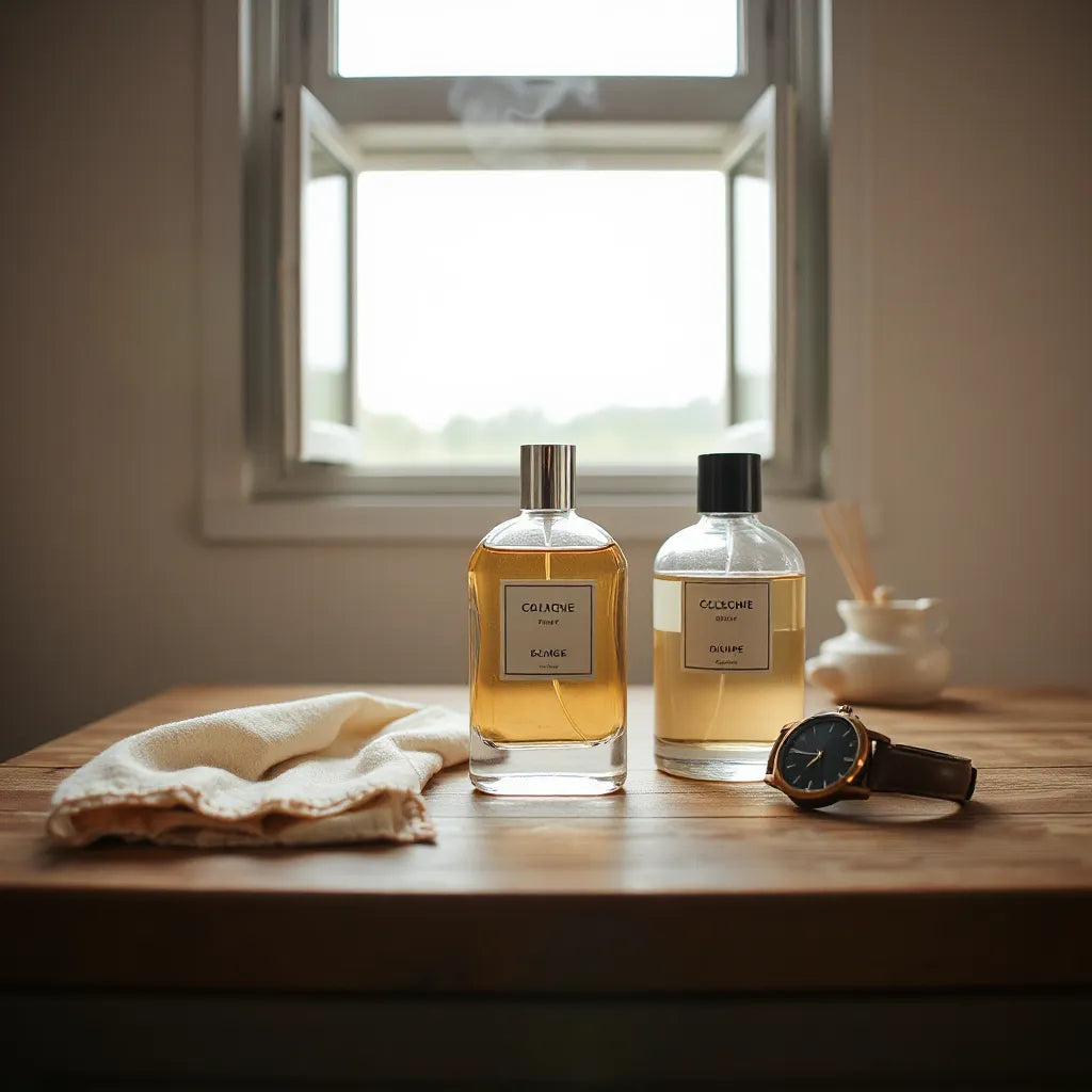 Minimalist cologne bottles on a wooden table with soft natural light and a subtle mist trail
