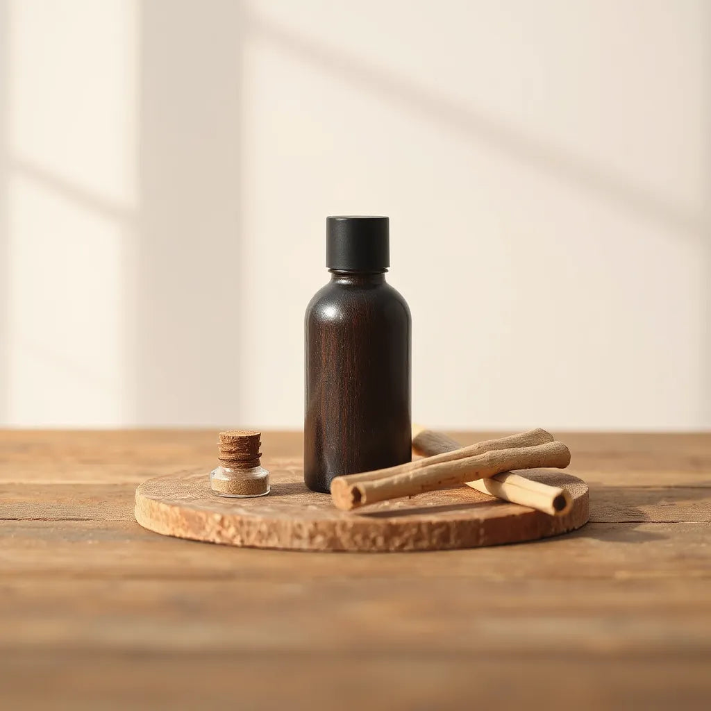 Minimalist woody cologne bottle with cedar and sandalwood on a wooden surface