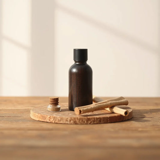 Minimalist woody cologne bottle with cedar and sandalwood on a wooden surface