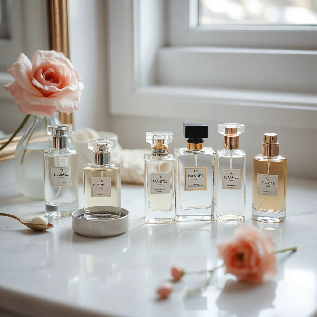 Elegant women’s perfume bottles on a minimal vanity with soft natural light and subtle floral accents
