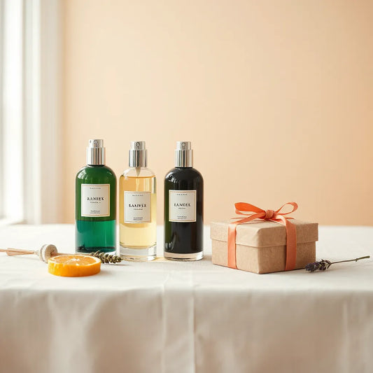 Elegant fragrance bottles and gift boxes with lavender and citrus on a softly lit table