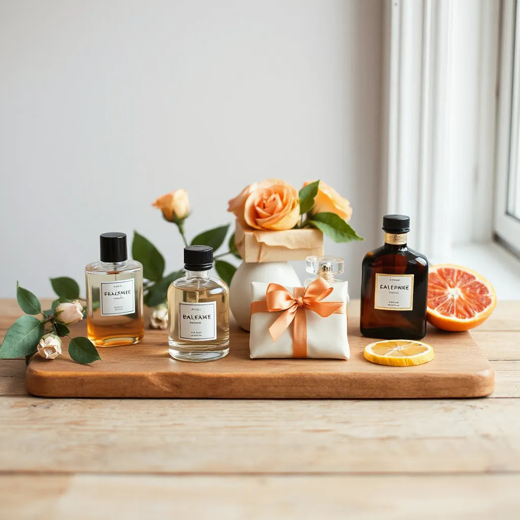 Minimal perfume bottles on a wooden surface with seasonal flowers and citrus slices in soft light
