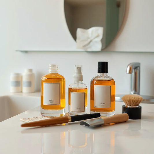 Modern cologne bottles on a clean vanity with grooming accessories under soft warm light