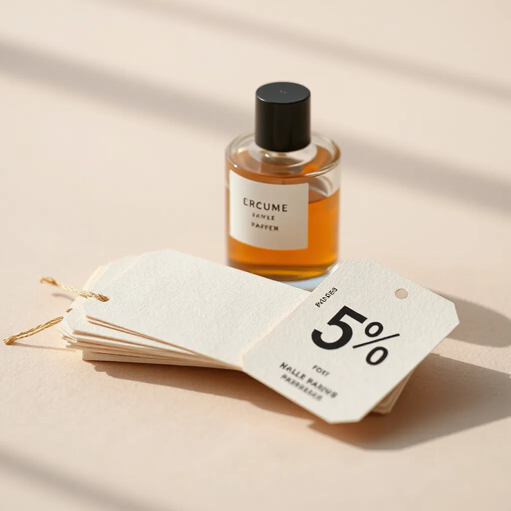Elegant perfume bottle with discount-shaped tags on a clean neutral background